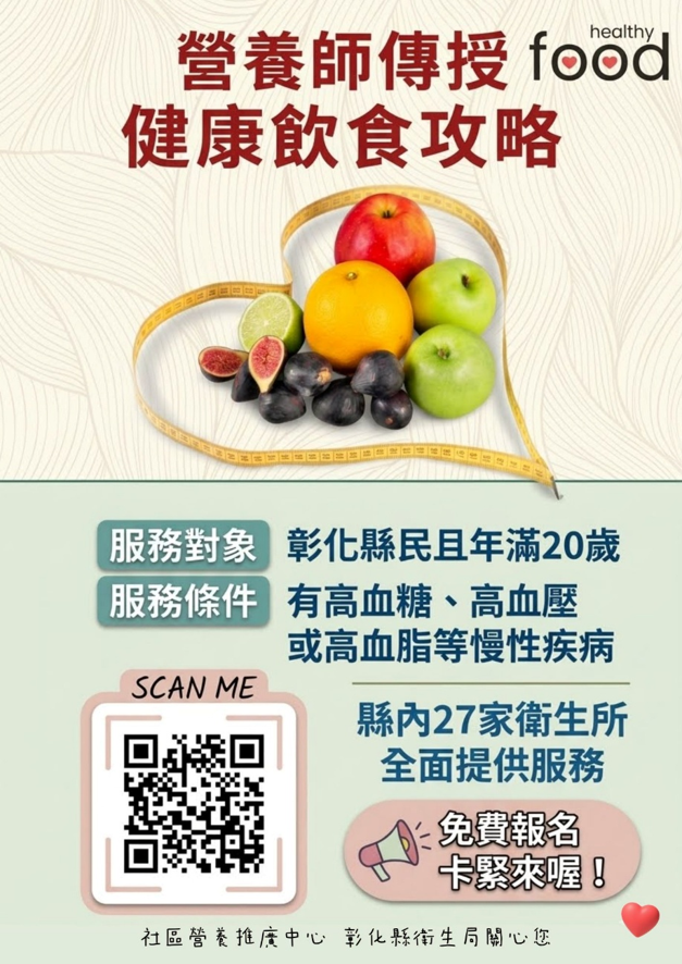 營養師傳授健康飲食攻略！彰化27家衛生所提供免費營養諮詢宣傳圖片